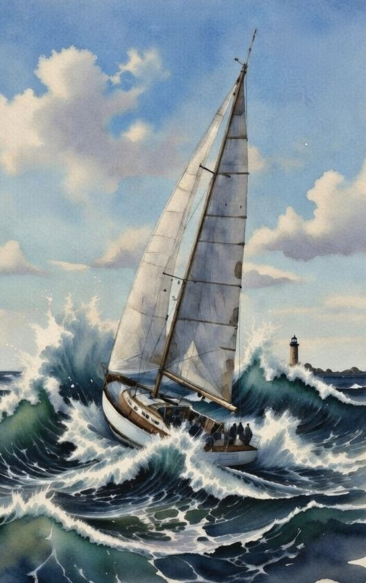 Sailing vessel navigating heavy seas toward a lighthouse